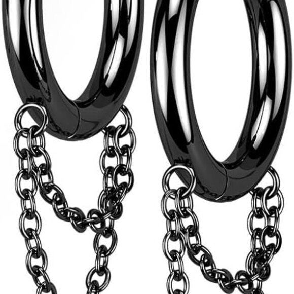 Black 18GA Stainless Steel Double Chain Hinged Hoop Earrings for Women - Picture 1 of 6